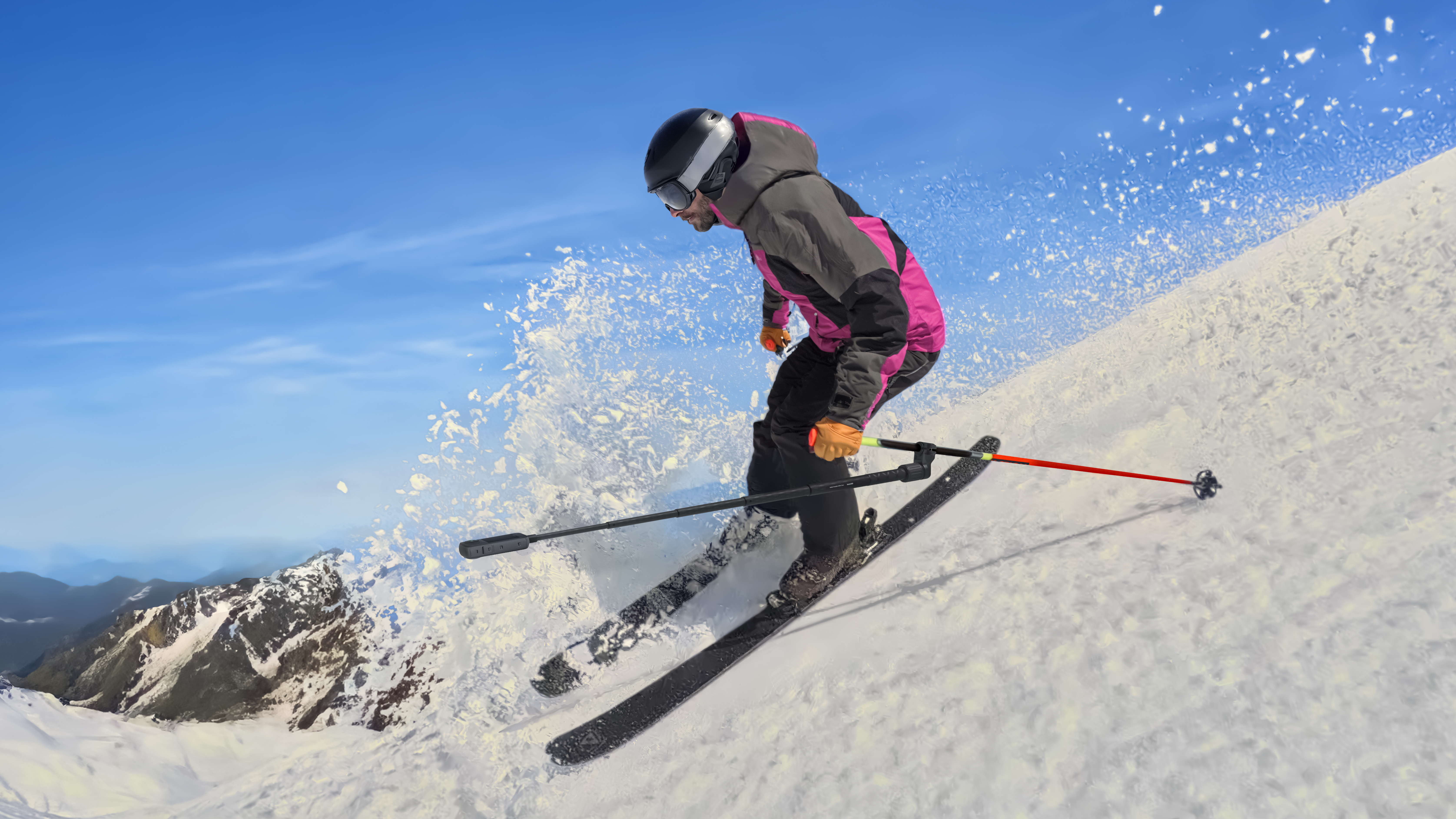 A skier skiing down a mountain with their action camera Insta360 X4 attached to their ski pole.